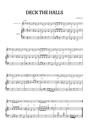 Deck the Halls for clarinet with piano accompaniment • easy Christmas song sheet music with chords