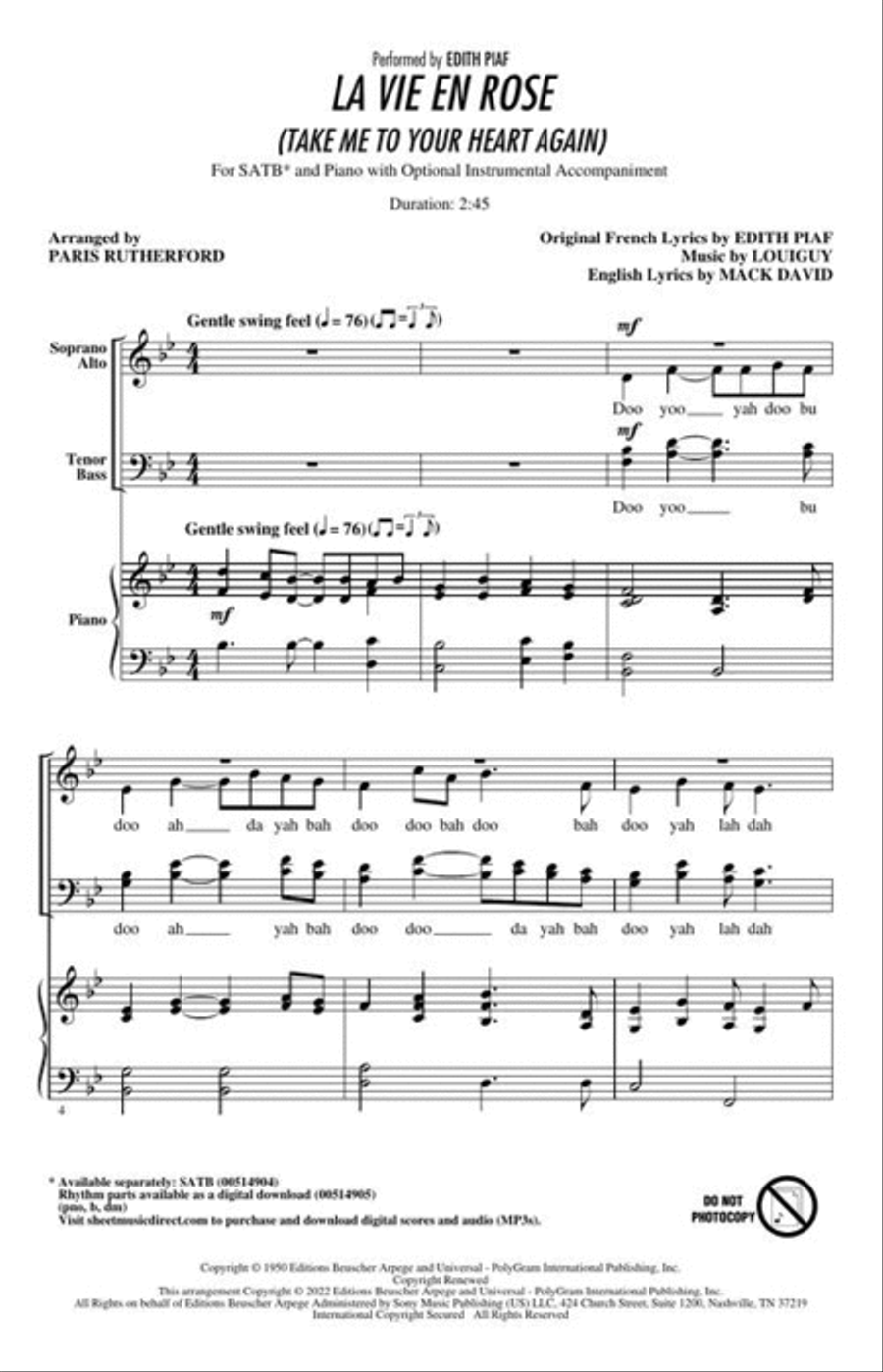La Vie En Rose (Take Me to Your Heart Again) 4-Part scores gallery preview page 4