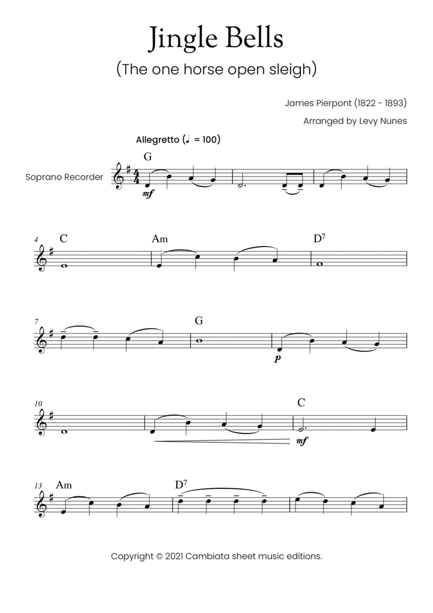 Jingle Bells - For soprano recorder (with chord symbols) Easy/Beginner image number null