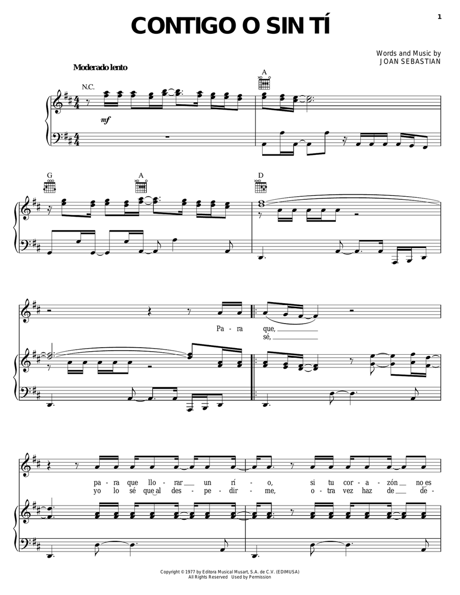 Contigo O Sin Tí Piano, Vocal, Guitar scores gallery preview page 1