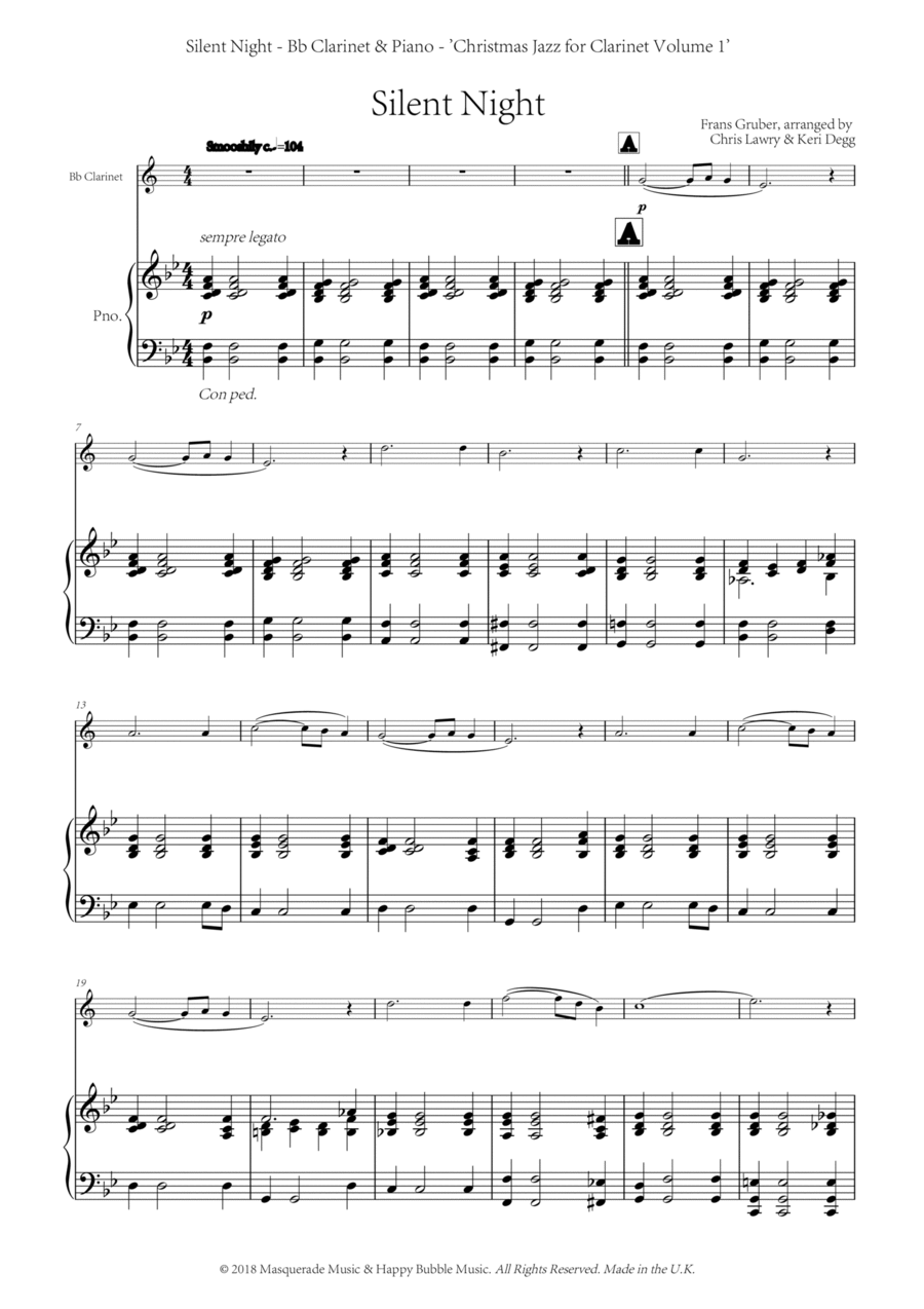 Silent Night ; A Shmooshy jazz arrangement for Bb Clarinet and Piano. Includes FREE demonstration, a B-Flat Clarinet scores gallery preview page 1