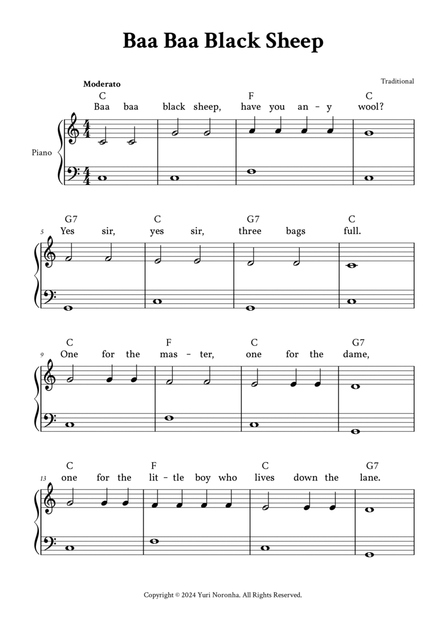 Baa Baa Black Sheep - Easy Piano (C Major with Chords, Lyrics) Easy Piano scores gallery preview page 1