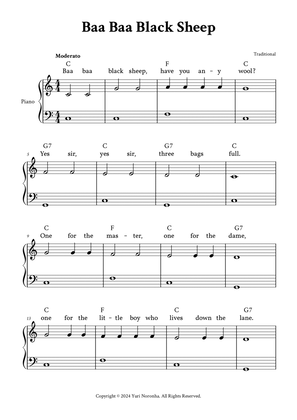 Baa Baa Black Sheep - Easy Piano (C Major with Chords, Lyrics)