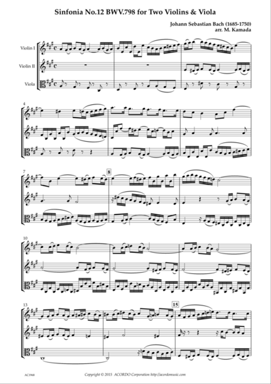 Sinfonia No.12 BWV.798 for Two Violins & Viola String Duet scores gallery preview page 1