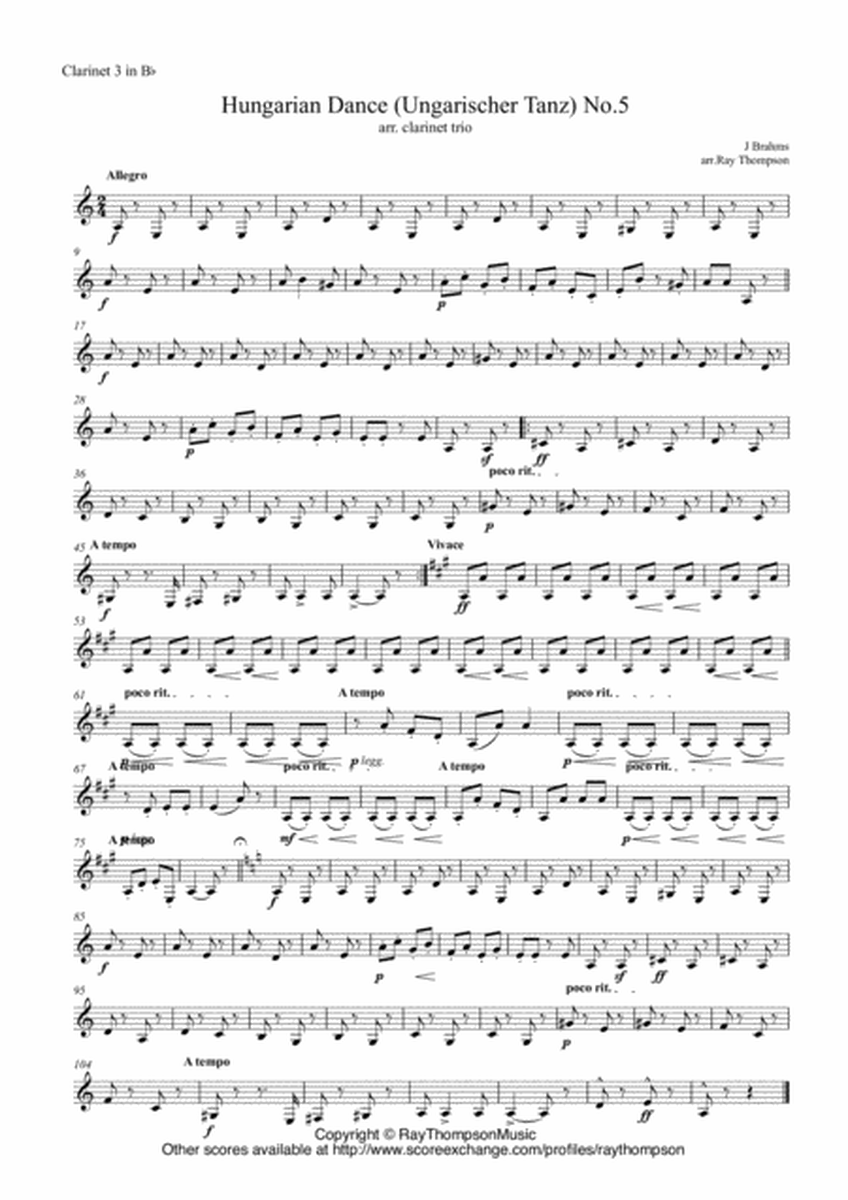 Brahms: Hungarian Dance (Ungarischer Tanz) No.5 - clarinet trio image number null