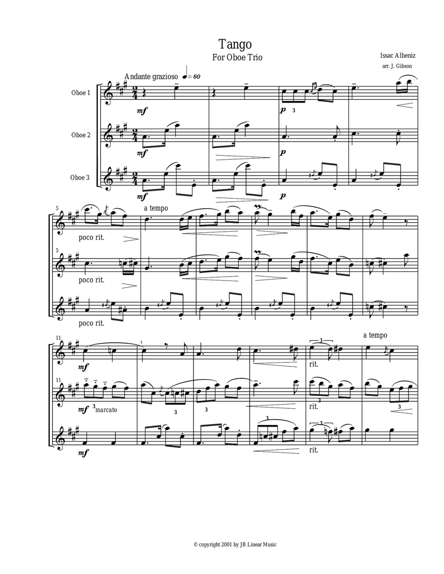 Tango by Albeniz for oboe trio Woodwind Trio scores gallery preview page 1