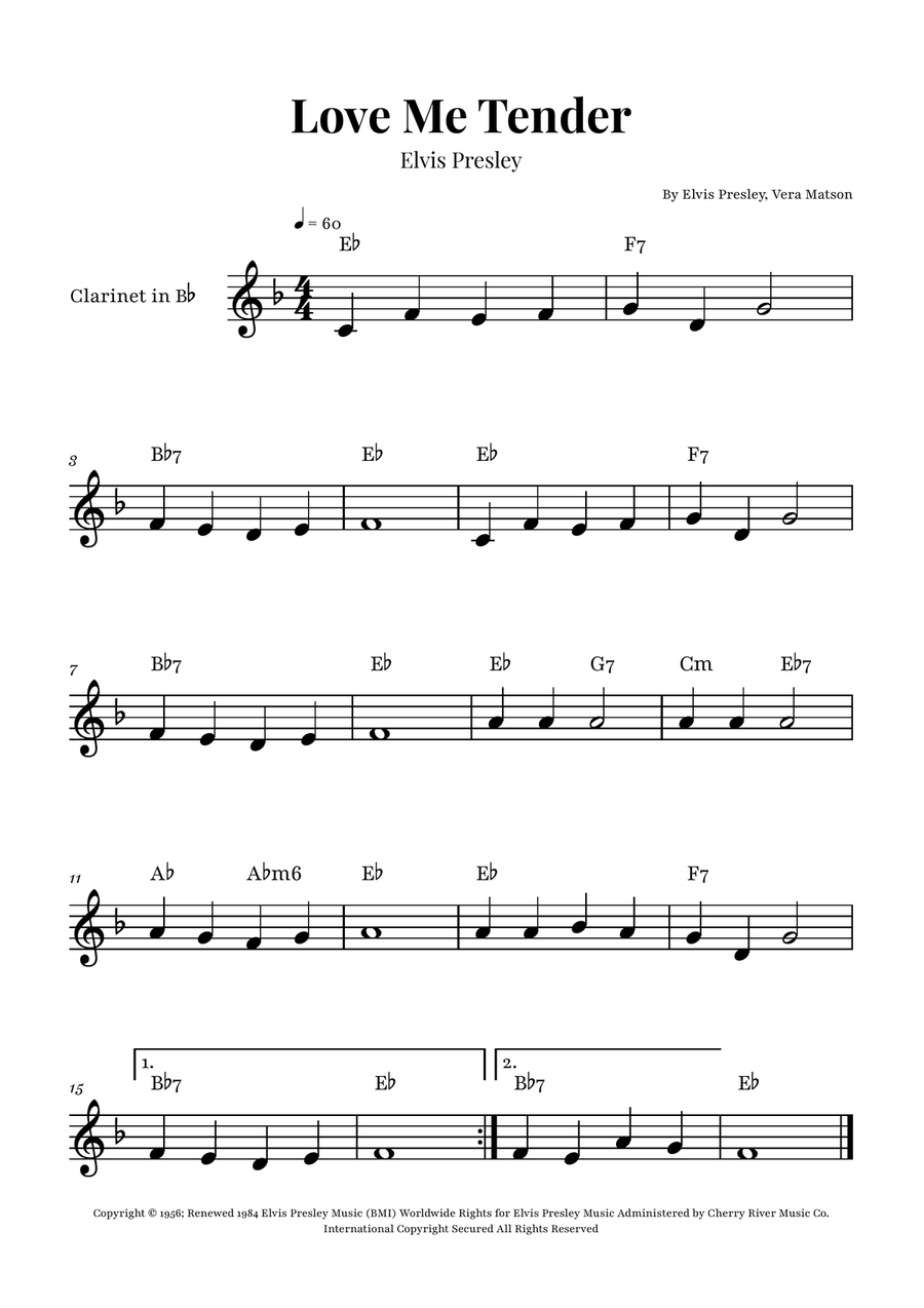 Love Me Tender B-Flat Clarinet scores gallery preview page 1