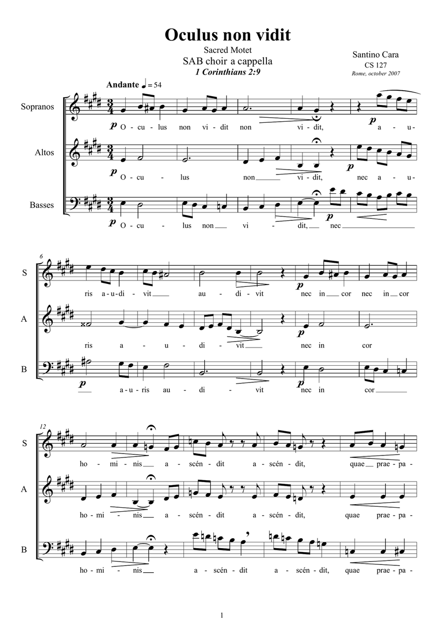 Oculus non vidit - Motet for SAB a cappella 3-Part scores gallery preview page 1