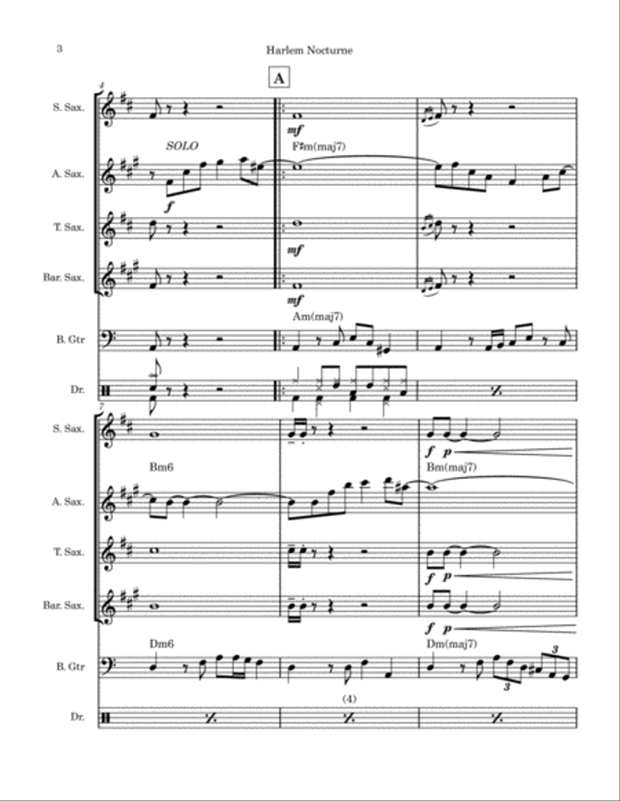 Harlem Nocturne Saxophone Quartet scores gallery preview page 3