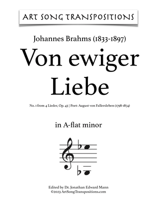 Book cover for BRAHMS: Von ewiger Liebe, Op. 43 no. 1 (transposed to A-flat minor)