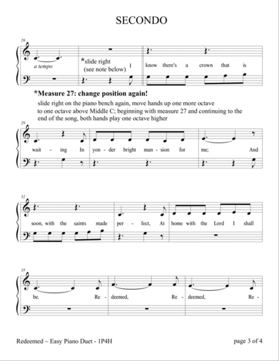 Redeemed (Easy 1 Piano, 4 Hands Duet) Easy Piano scores gallery preview page 4