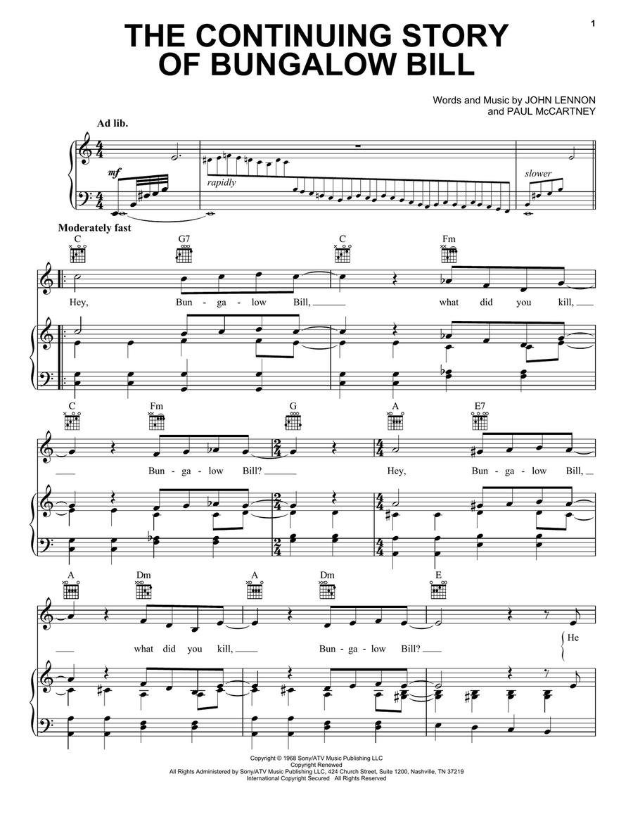 The Continuing Story Of Bungalow Bill Piano, Vocal, Guitar scores gallery preview page 1