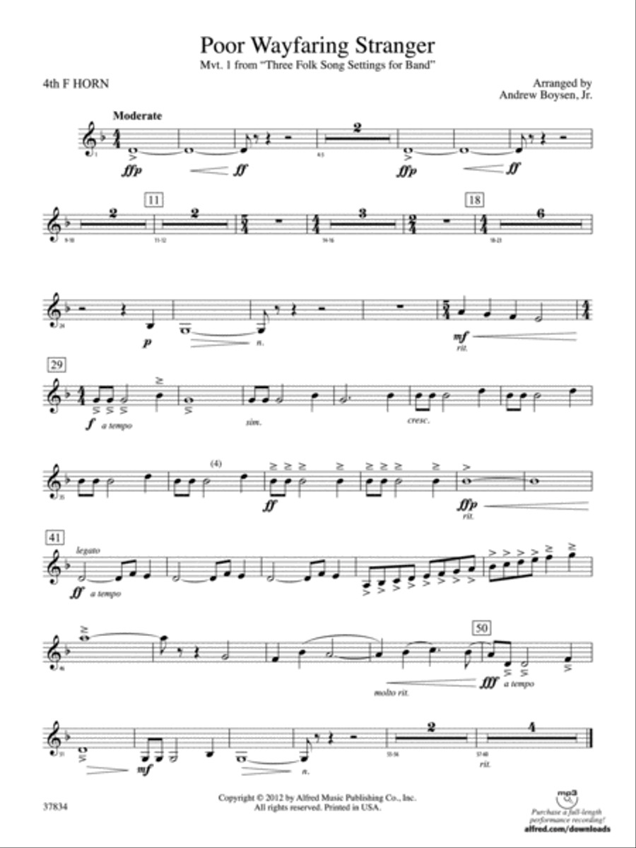 Poor Wayfaring Stranger: 4th F Horn Concert Band scores gallery preview page 1