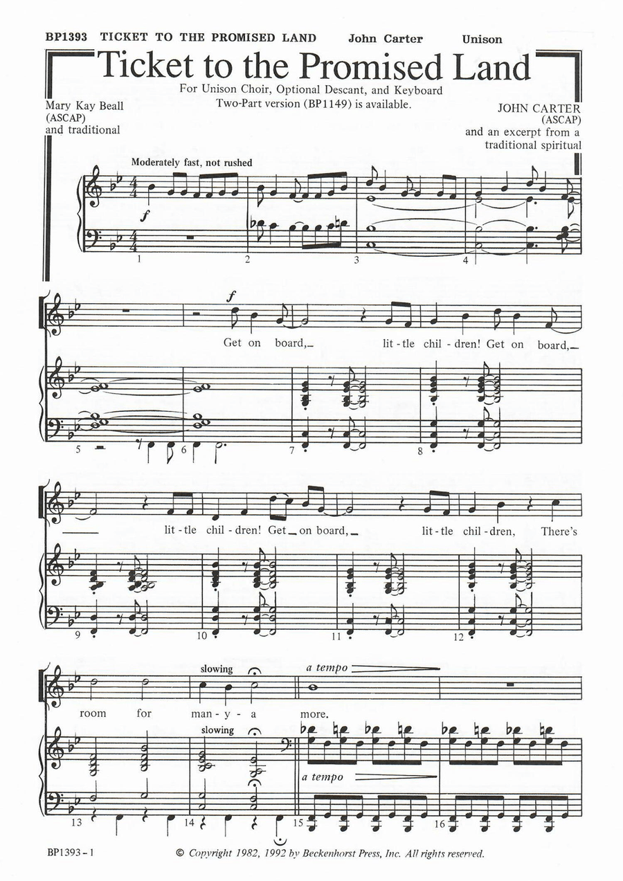 Ticket to the Promised Land - unison Unison Choir scores gallery preview page 1