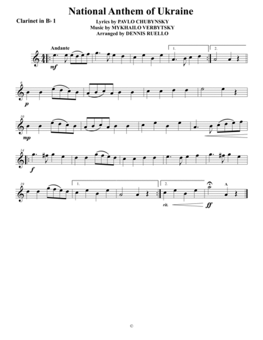 National Anthem of Ukraine - Clarinet Quintet - Intermediate Level image number null