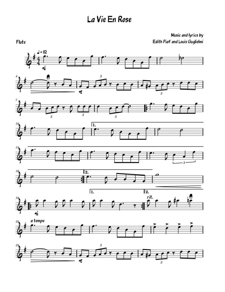La Vie En Rose La Vie En Rose Flute Solo scores gallery preview page 1