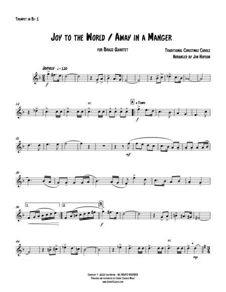 Traditional Christmas Carols - Joy to the World & Away In a Manger for Brass Quartet image number null