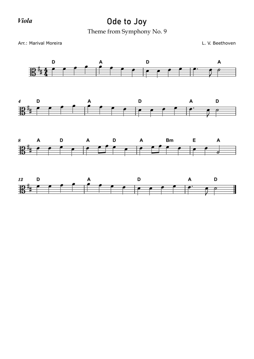 Ode to Joy - Beethoven (Viola Solo) - Score and Chords image number null
