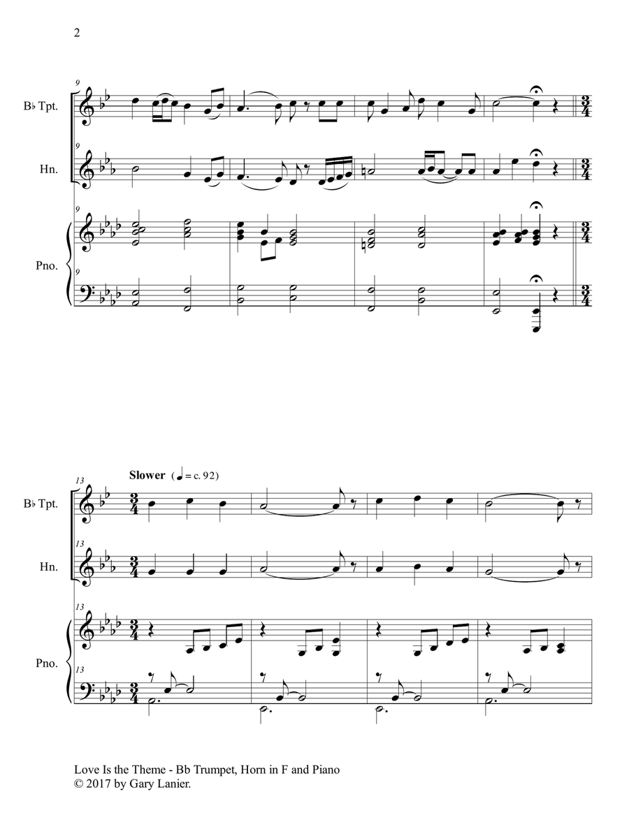 LOVE IS THE THEME (Trio – Bb Trumpet, Horn in F & Piano with Score/Parts) Brass Duet scores gallery preview page 3