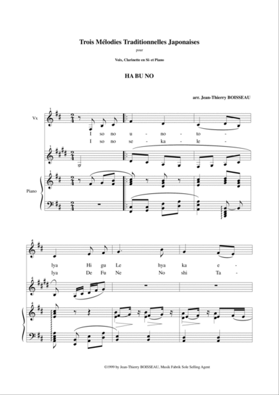 Jean-Thierry Boisseau: Trois Mélodies Japonaises for medium voice, Bb clarinet and piano Small Ensemble scores gallery preview page 2