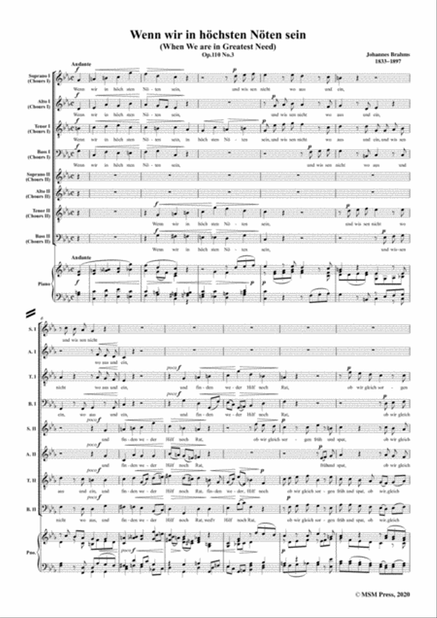 Brahms-Wenn wir in höchsten Nöten sein,Op.110 No.3,for Mixed Chorus&Pno 4-Part scores gallery preview page 3