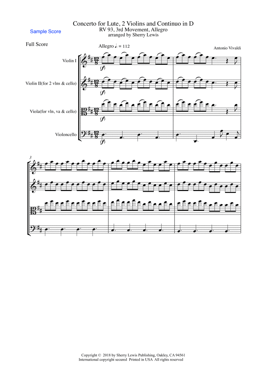 CONCERTO FOR LUTE, 2 VIOLINS AND CONTINUO IN D, RV 93, 3RD MOV, ALLEGRO FOR STRING TRIO String Trio scores gallery preview page 1