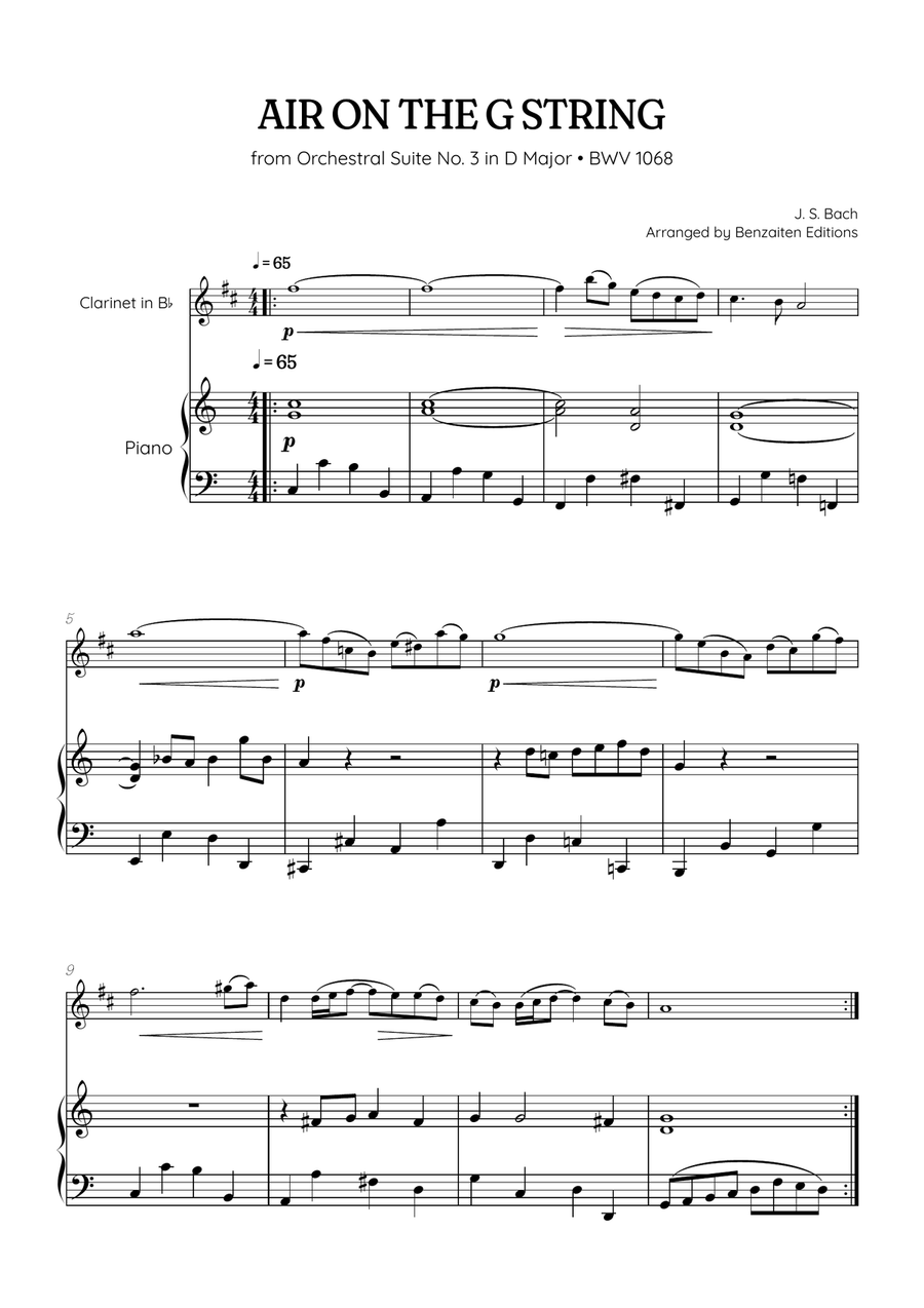 JS Bach • Air on the G String from Suite No. 3 BWV 1068 | clarinet & piano sheet music B-Flat Clarinet scores gallery preview page 1