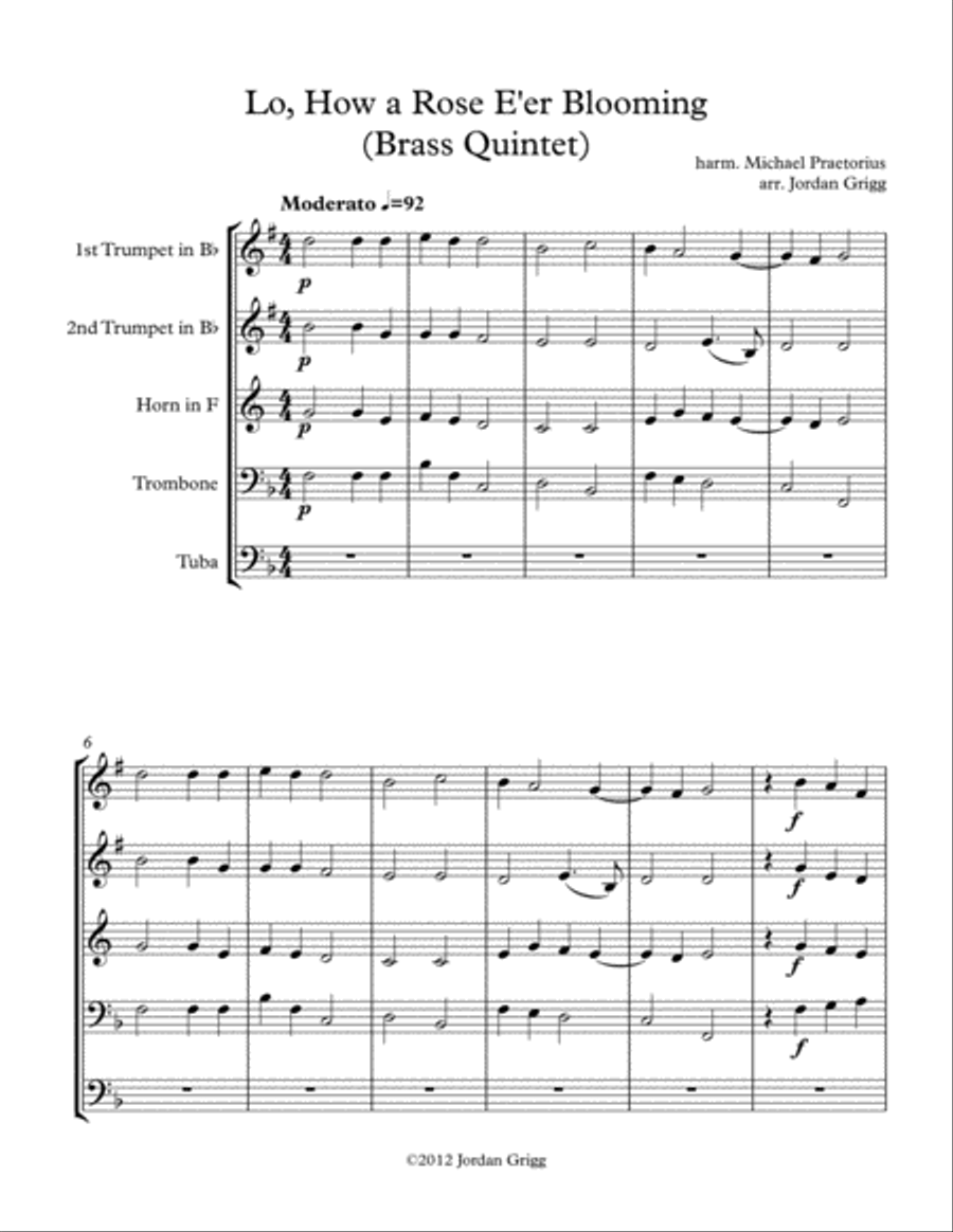 Lo, How a Rose E'er Blooming (Brass Quintet) Brass Quintet scores gallery preview page 1