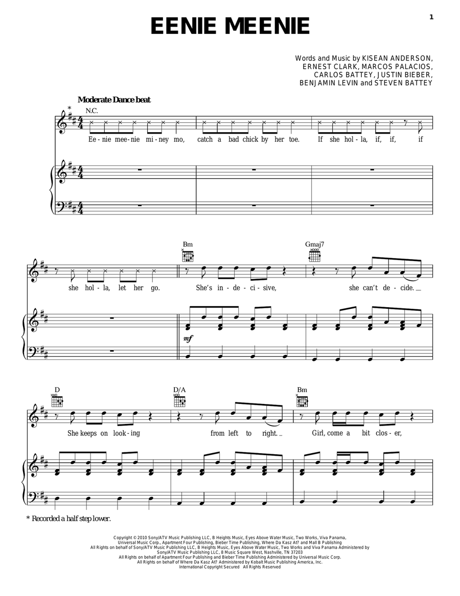 Eenie Meenie Piano, Vocal, Guitar scores gallery preview page 1