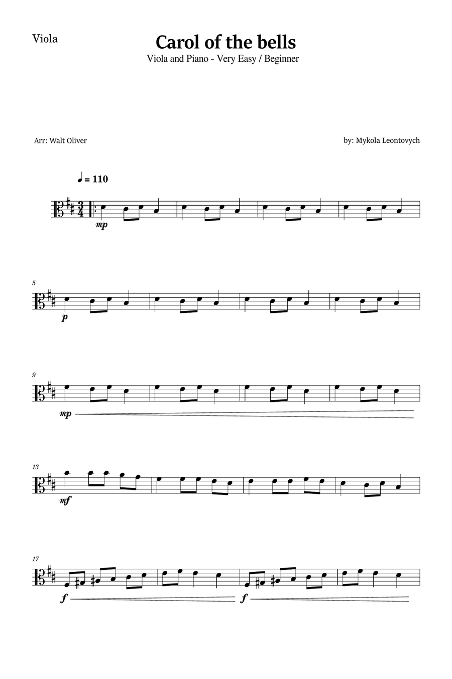 Carol of the Bells for Viola and Piano (Very Easy - Beginner) in B minor - With Chords Piano scores gallery preview page 4