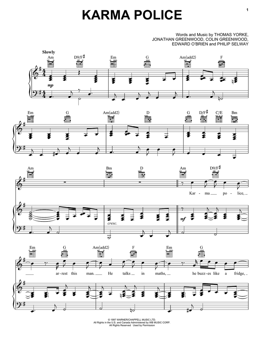 Karma Police Piano, Vocal, Guitar scores gallery preview page 1