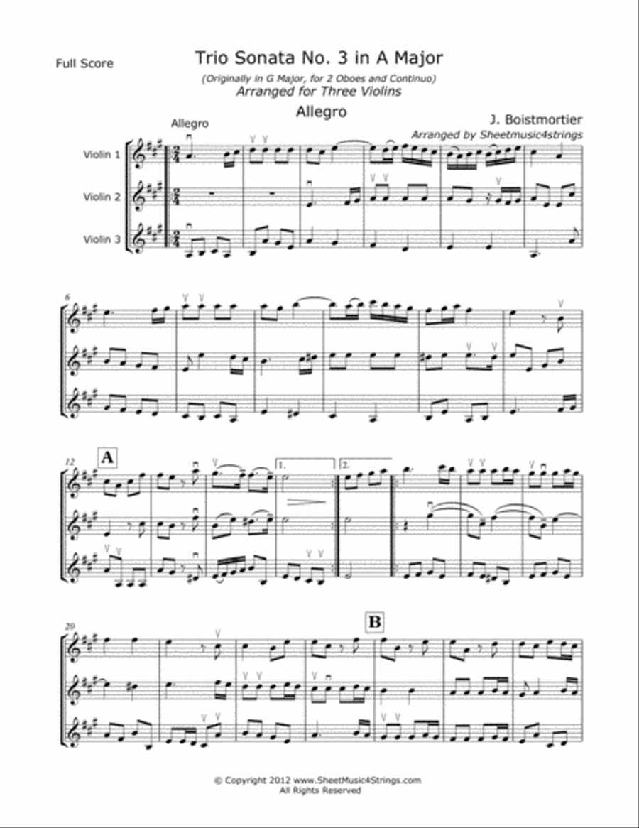 Boismortier, J. - Sonata No. 3 (Mvt.1) for Three Violins String Trio scores gallery preview page 1