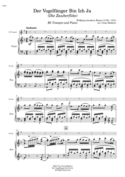 Der Vogelfänger Bin Ich Ja - Bb Trumpet and Piano (Full Score and Parts) image number null