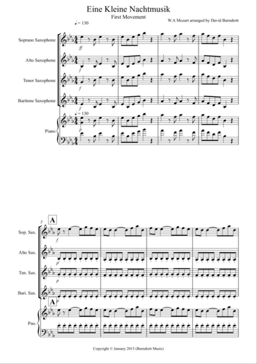 Eine Kleine Nachtmusik (1st movement) for Saxophone Quartet Saxophone Quartet scores gallery preview page 1