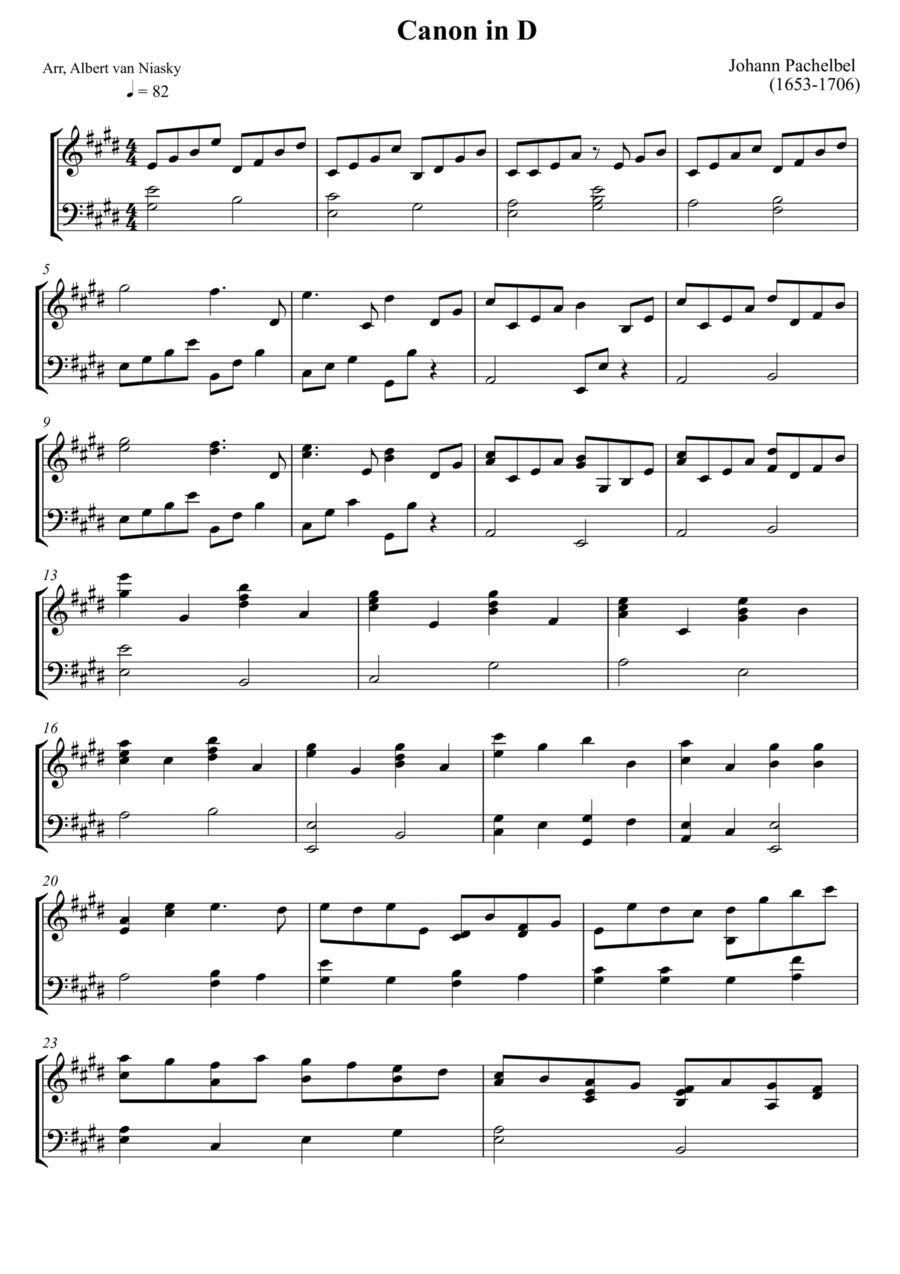 Johann Pachelbel - Canon in D - E major key Piano Solo scores gallery preview page 1