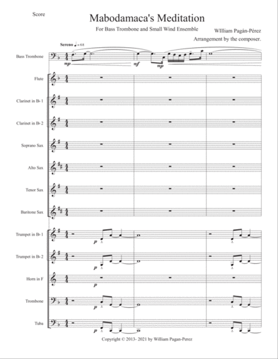 Mabodamaca's Meditation For Bass Trombone and Small Wind Ensemble Concert Band scores gallery preview page 2