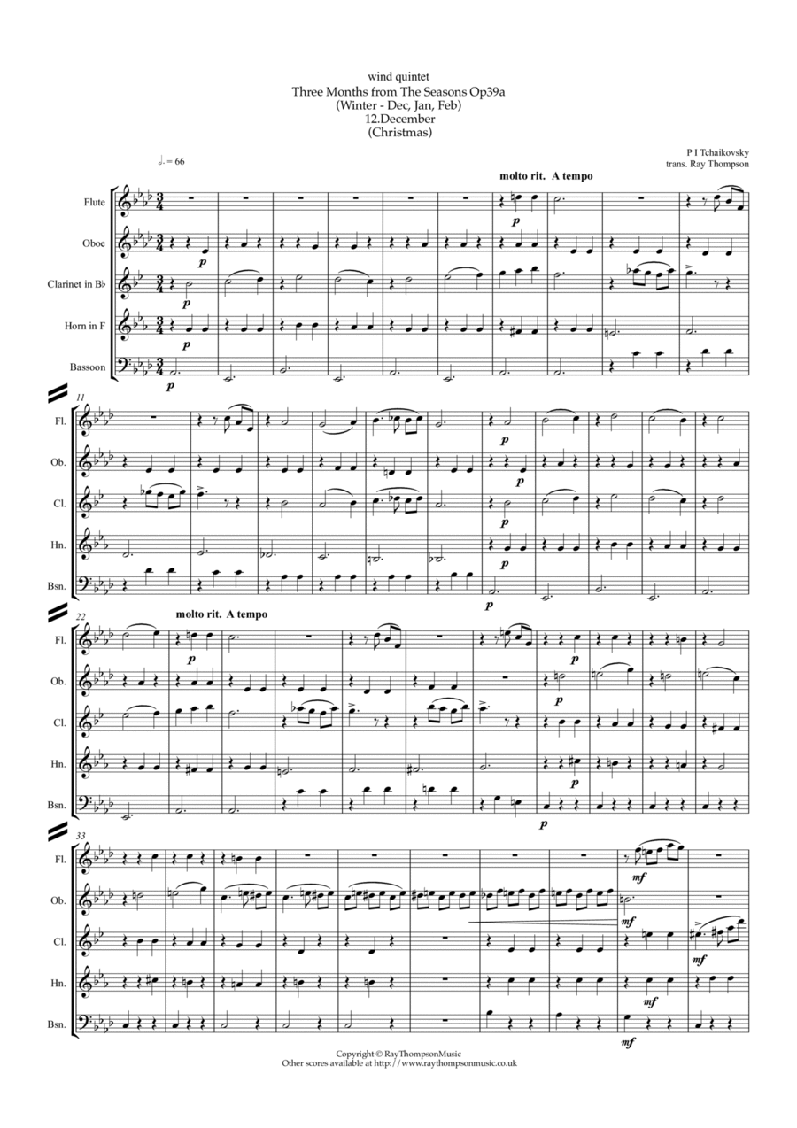 Tchaikovsky: The Seasons Op.37a “Winter” (Dec, Jan, Feb) - wind quintet Woodwind Quintet scores gallery preview page 1