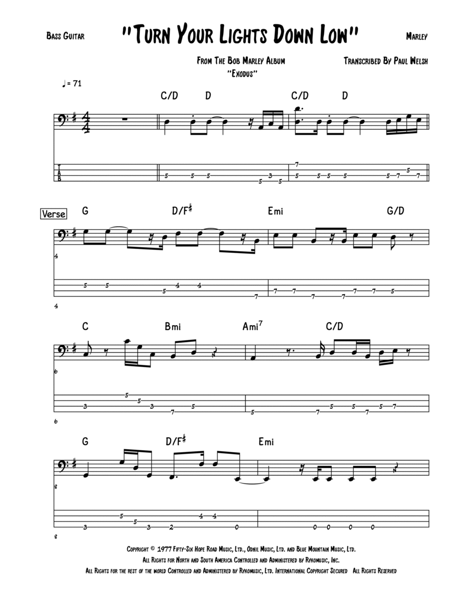 Turn Your Lights Down Low Bass Guitar scores gallery preview page 1