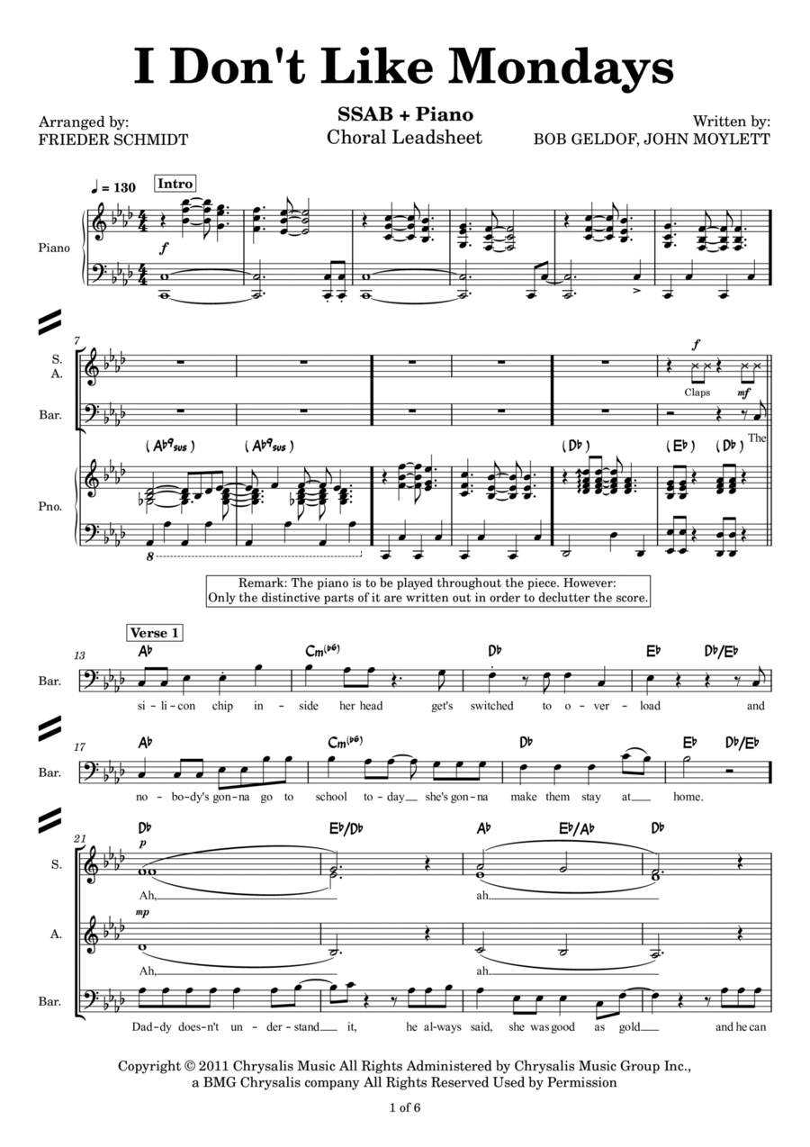 I Don't Like Mondays 3-Part scores gallery preview page 1
