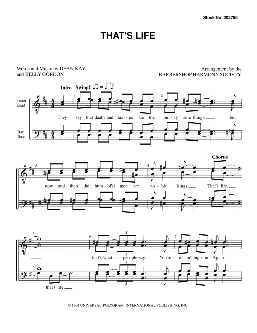 That's Life (arr. Barbershop Harmony Society) TTBB scores gallery preview page 1