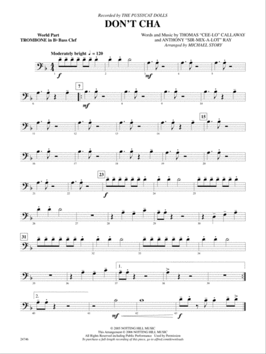 Don't Cha (recorded by The Pussycat Dolls): (World Part) 1st B-flat Trombone B.C. Concert Band scores gallery preview page 1