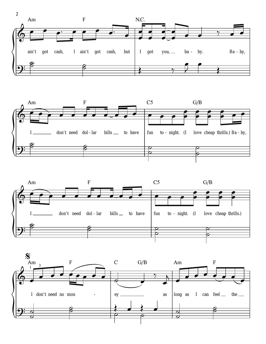 Cheap Thrills (feat. Sean Paul) Easy Piano scores gallery preview page 2