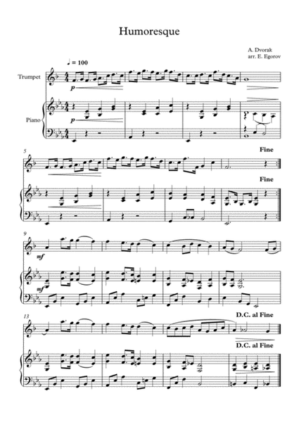 Humoresque, Antonin Dvorak, For Trumpet & Piano image number null