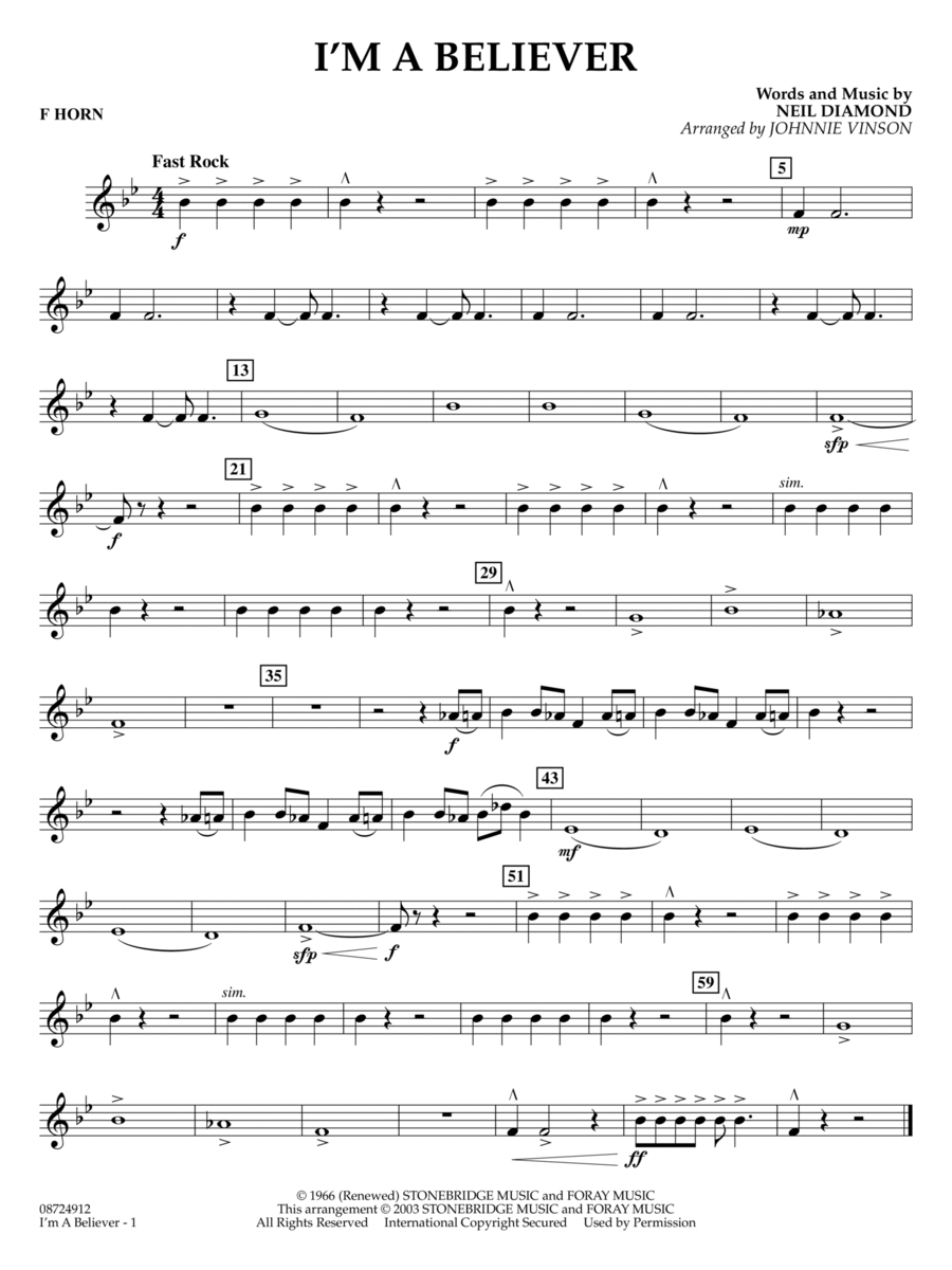 I'm a Believer (arr. Johnnie Vinson) - F Horn Concert Band scores gallery preview page 1