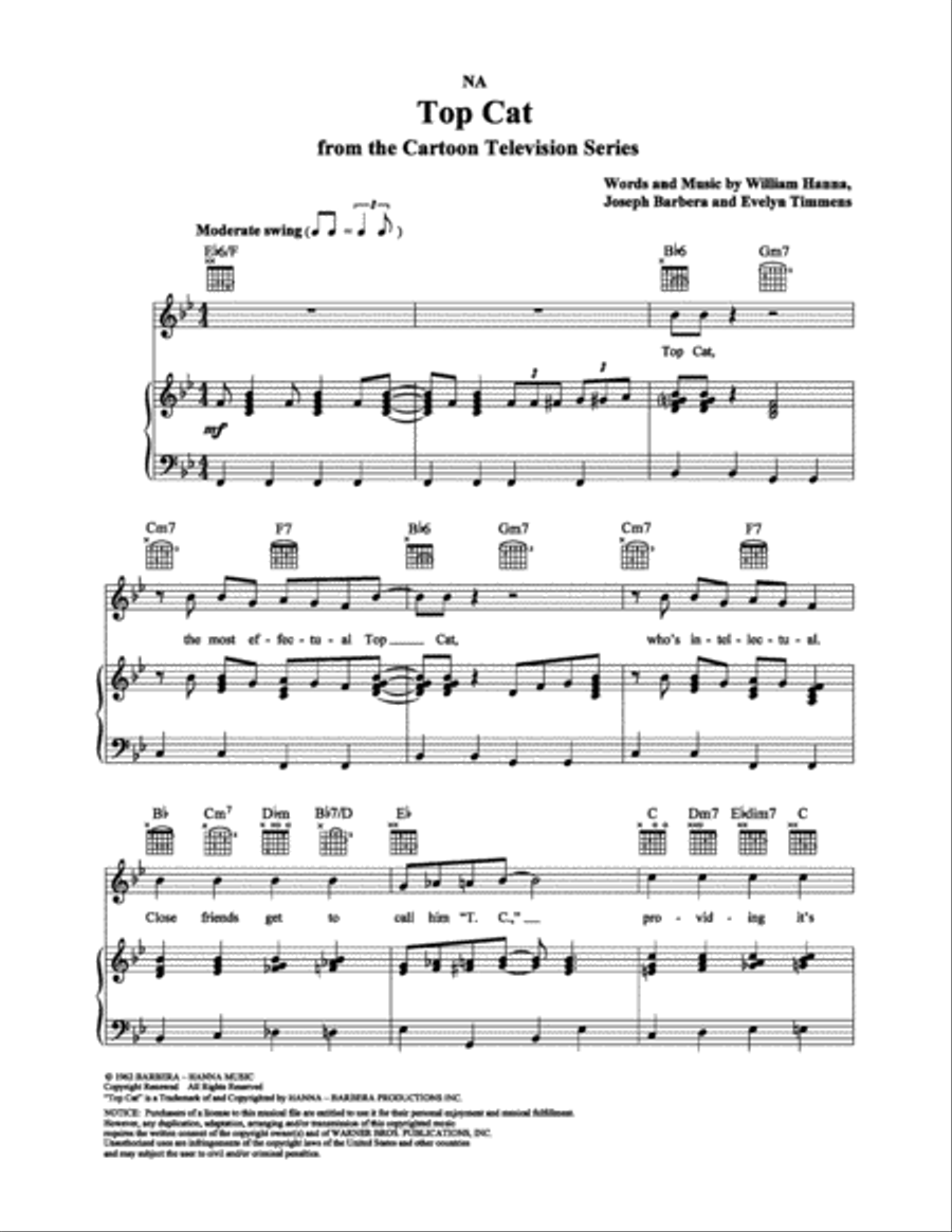 Top Cat Top Cat Piano, Vocal, Guitar scores gallery preview page 1