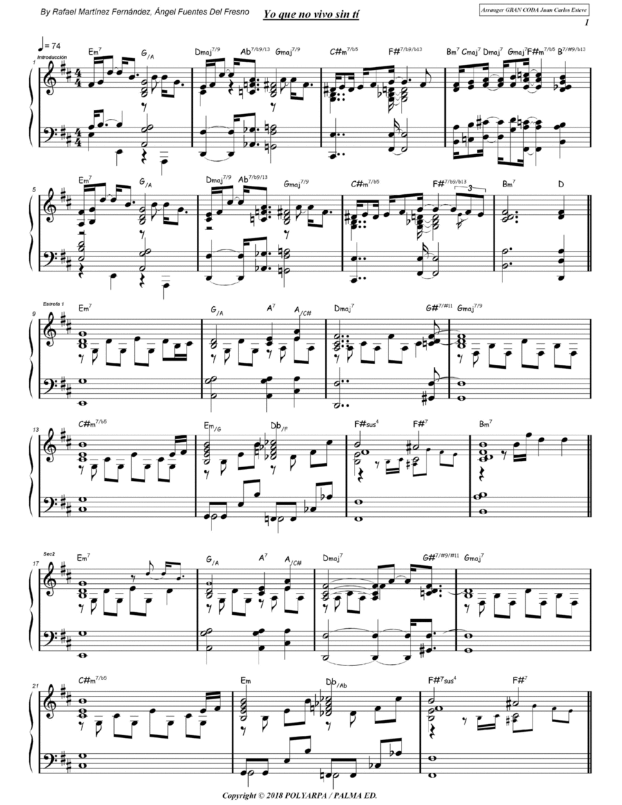 Yo Que No Vivo Sin Ti Yo Que No Vivo Sin Ti Piano scores gallery preview page 1