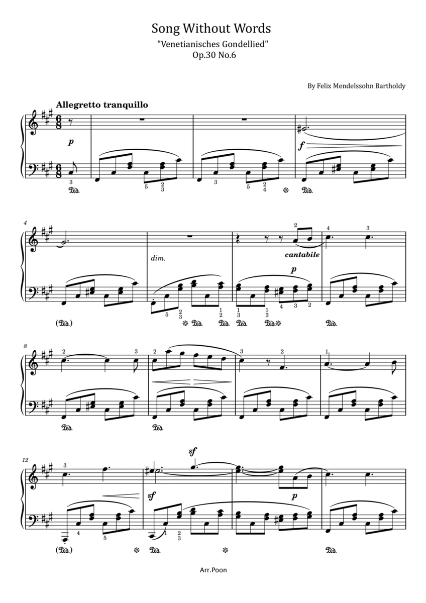 Mendelssohn - Song Without Words - "Venetianisches Gondellied"- Op.30 No.6 Original With Fingered image number null