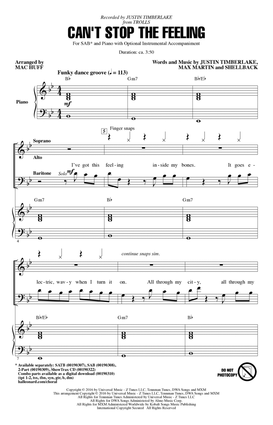 Can't Stop The Feeling (from Trolls) (arr. Mac Huff) 3-Part scores gallery preview page 1