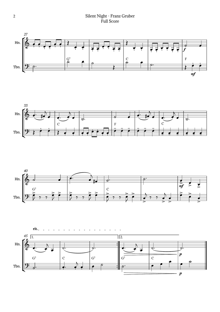 Silent Night for French Horn and Trombone Duet Brass Duet scores gallery preview page 2
