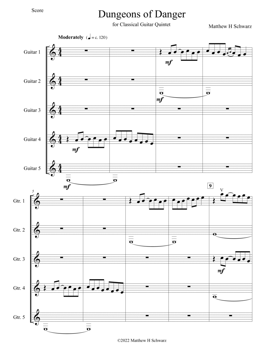 Dungeons of Danger for five classical guitars (Score and Parts) Chamber Music scores gallery preview page 1